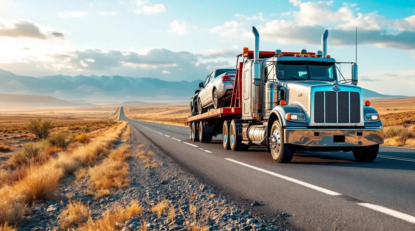 A professional flatbed tow truck transporting a sedan on a coastal highway near Lynn under cinematic afternoon light.