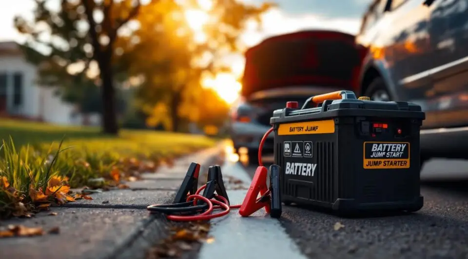 A professional Garrison Towing technician using a portable jump pack to start a family vehicle on a residential Lynn street during twilight.