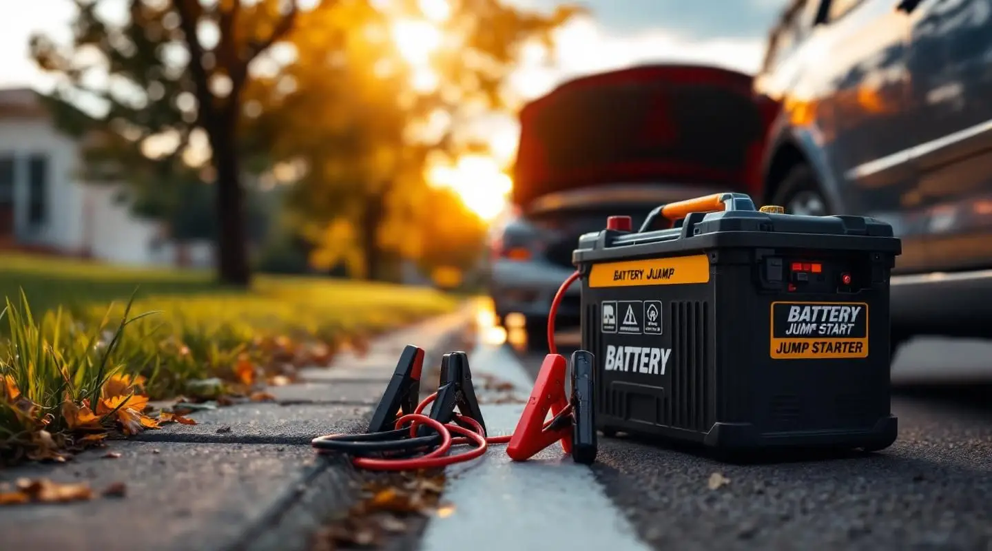 A professional Garrison Towing technician using a portable jump pack to start a family vehicle on a residential Lynn street during twilight.