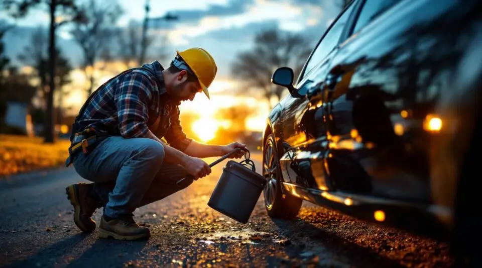 A Garrison Towing technician using a professional air wedge and reach tool to safely unlock a car door in Lynn, MA.