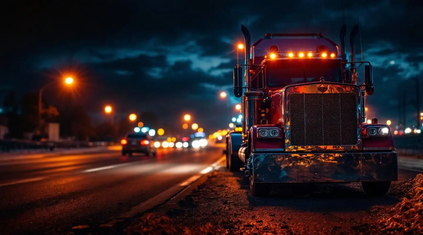 Garrison Towing flatbed truck with amber lights flashing on a Lynn street during a 24 hour towing service call.