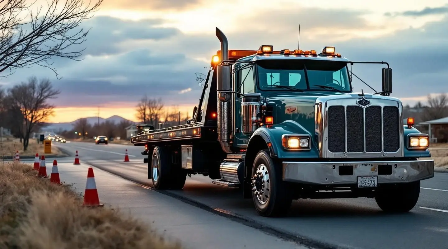 A professional Garrison Towing flatbed truck parked on a Lynn residential street ready to load a vehicle safely.