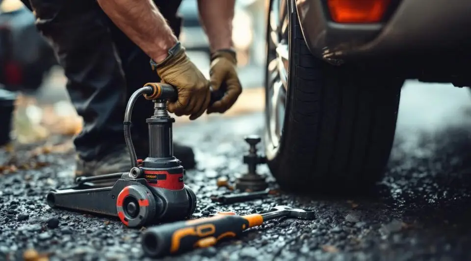 Garrison Towing technician performing a roadside tire swap on a stranded vehicle along a busy Lynn street at dusk.