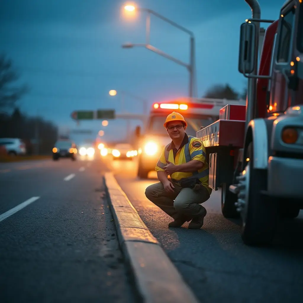 A Garrison Towing operator professionally assisting a driver with a vehicle lockout near the Hingham MBTA station.