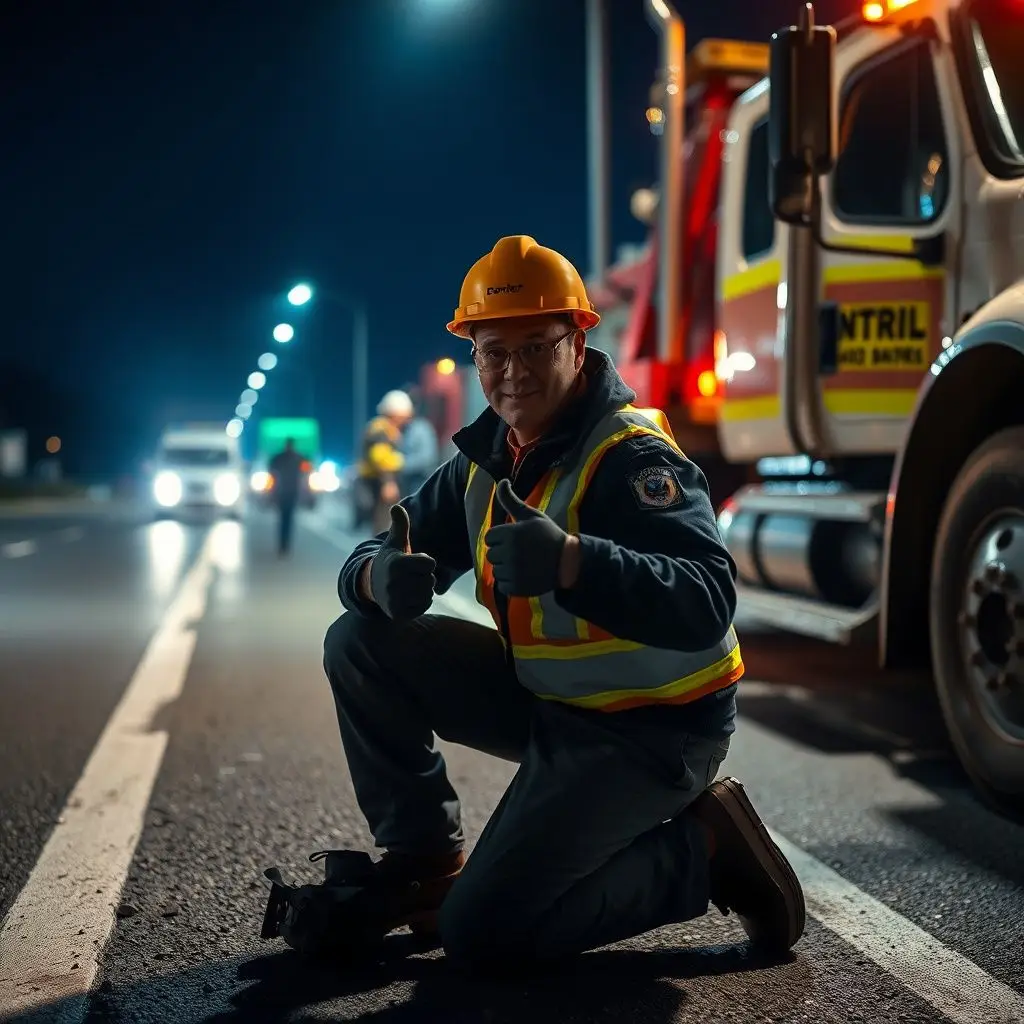 A Garrison Towing operator in a safety vest using a tablet to coordinate a dispatch near the Milton town line.