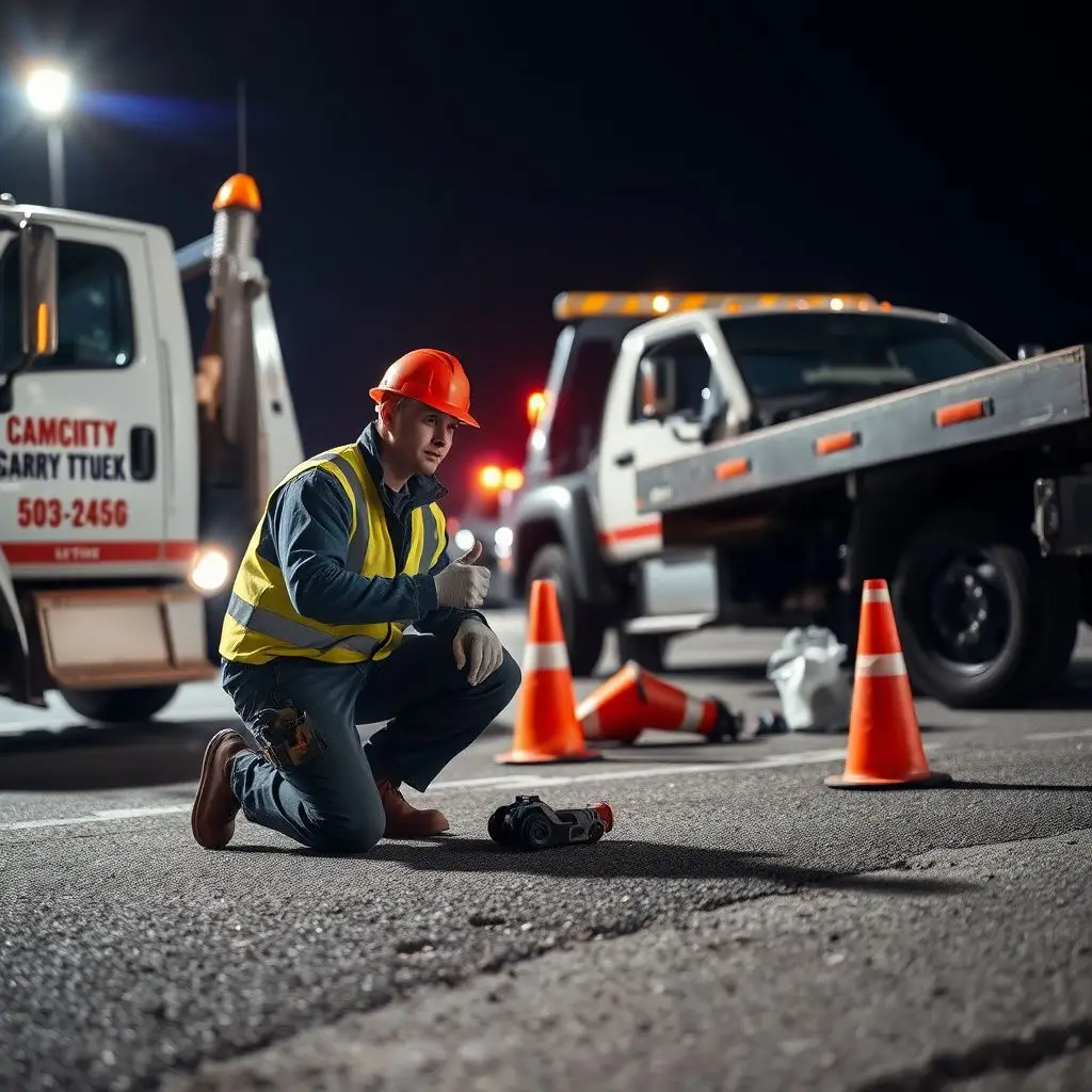 A close-up of a Garrison Towing operator professionally securing a vehicle's wheels to a flatbed truck.